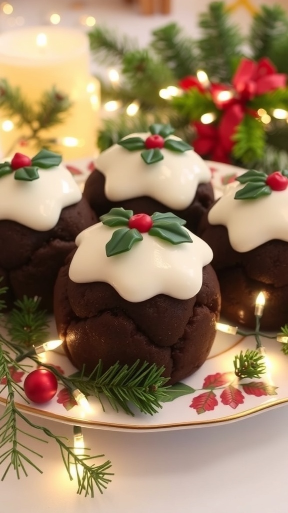 Mini Christmas puddings topped with icing and holly, arranged on a festive plate with decorations.